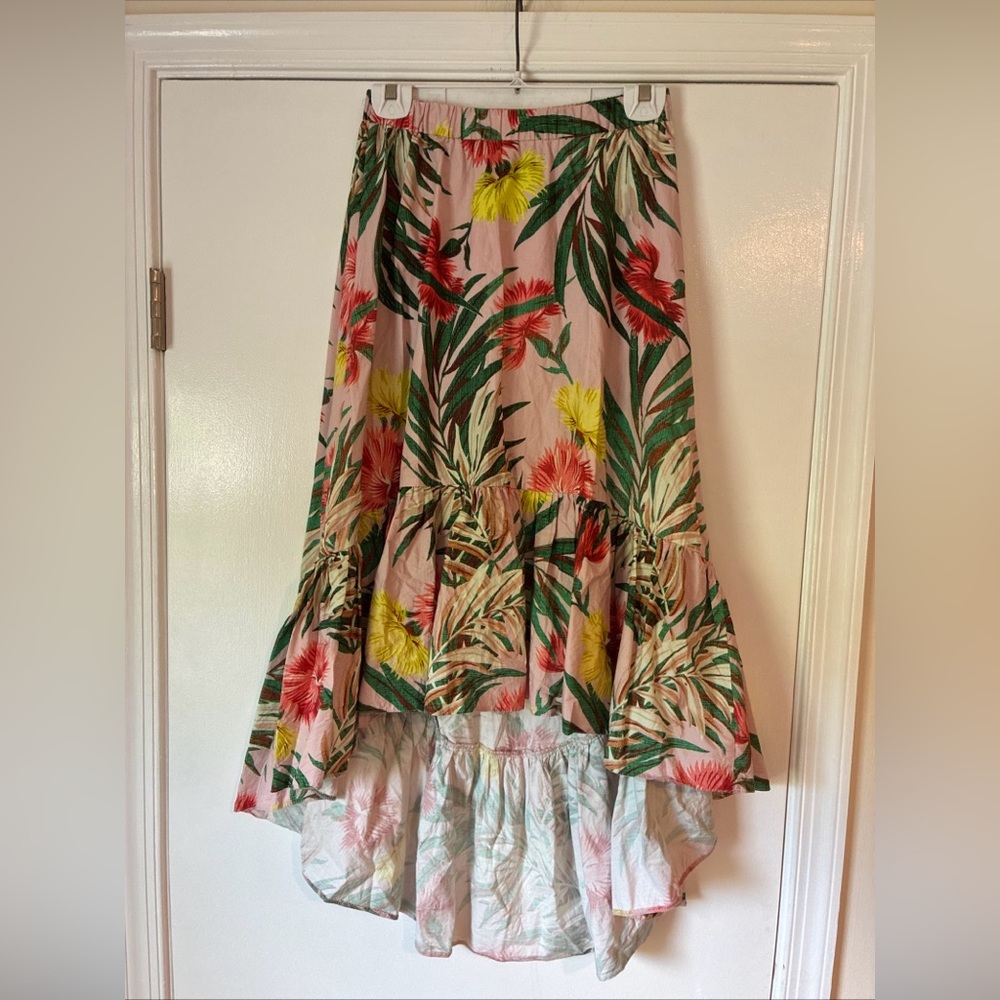 asos size 6 floral elastic waist skirt, high low ruffled hem